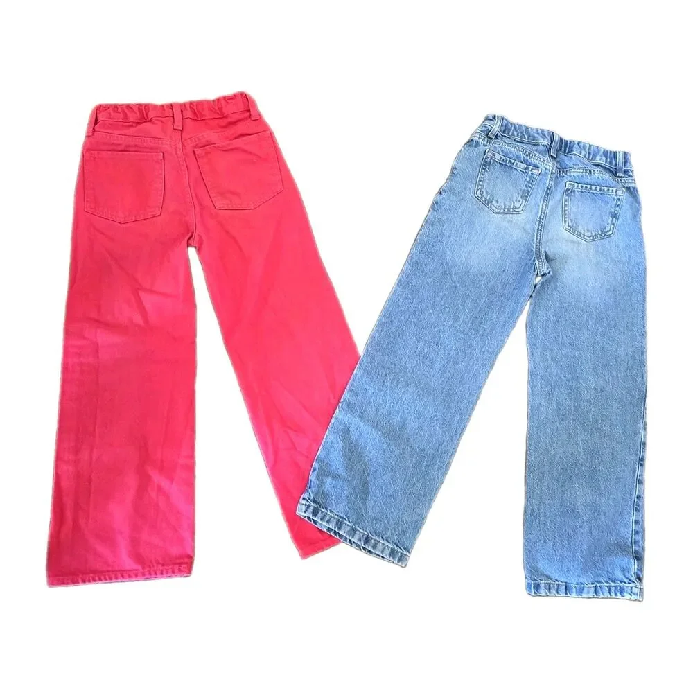 Girls Size 10 Jeans High Rise Baggy Wide Leg Blue Pink Denim